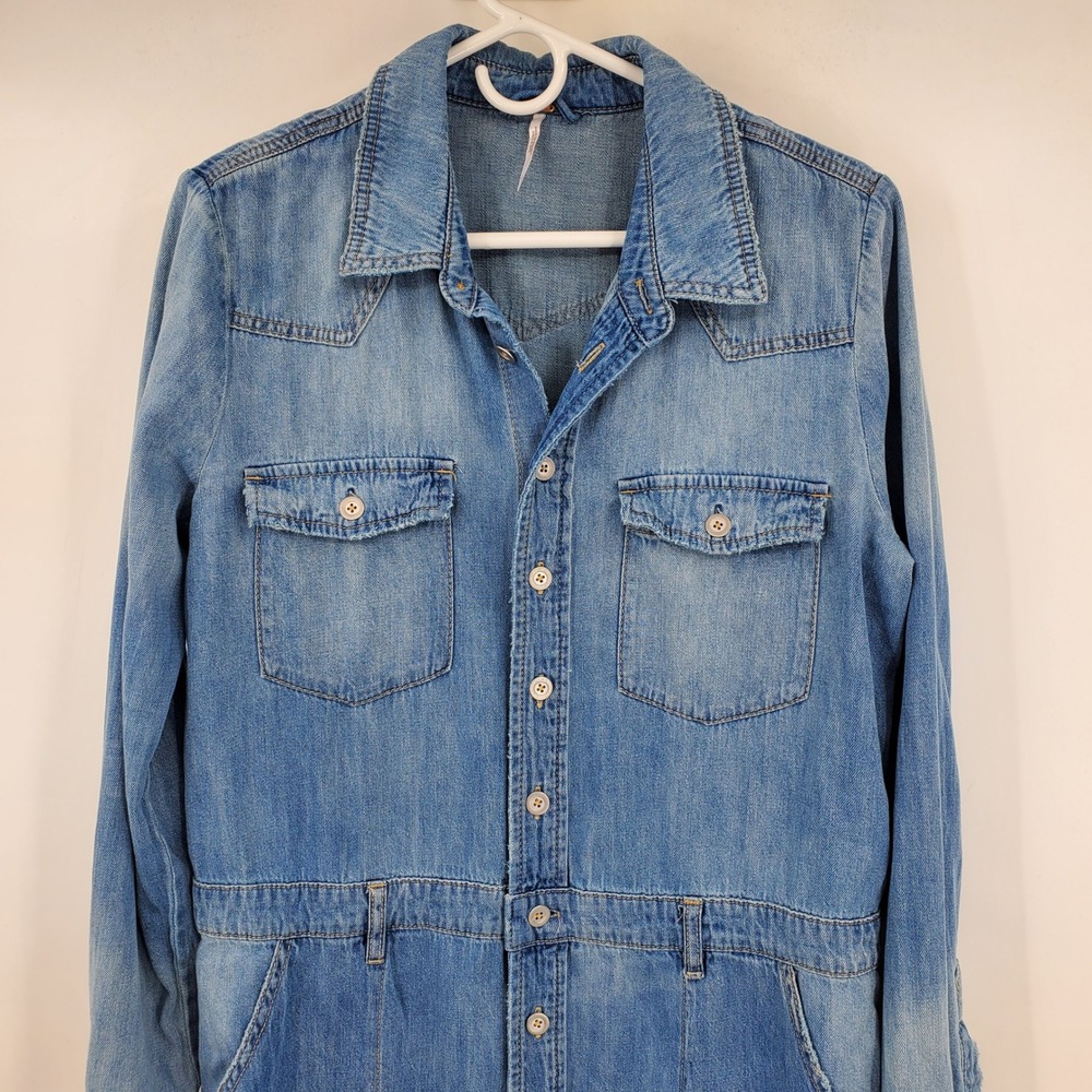 Free People Blue Denim Cotton Linen Button Front Midi Shirt Dress Medium Western - Picture 11 of 13